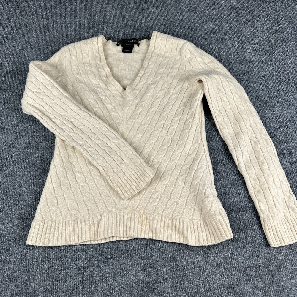 Ralph Lauren Sweater Womens Small Cream Cashmere Cable Knit V Neck Slim Fit